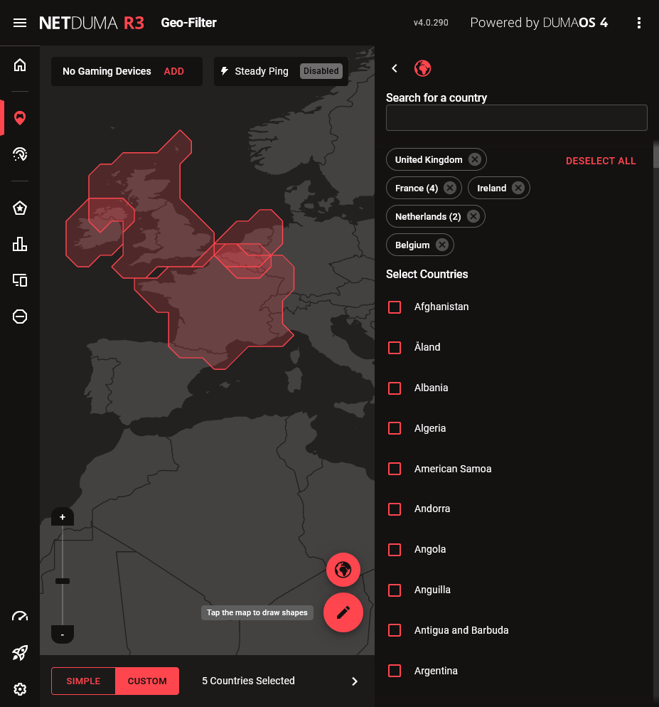 Geo-Filter main page with multiple countries selected on the map